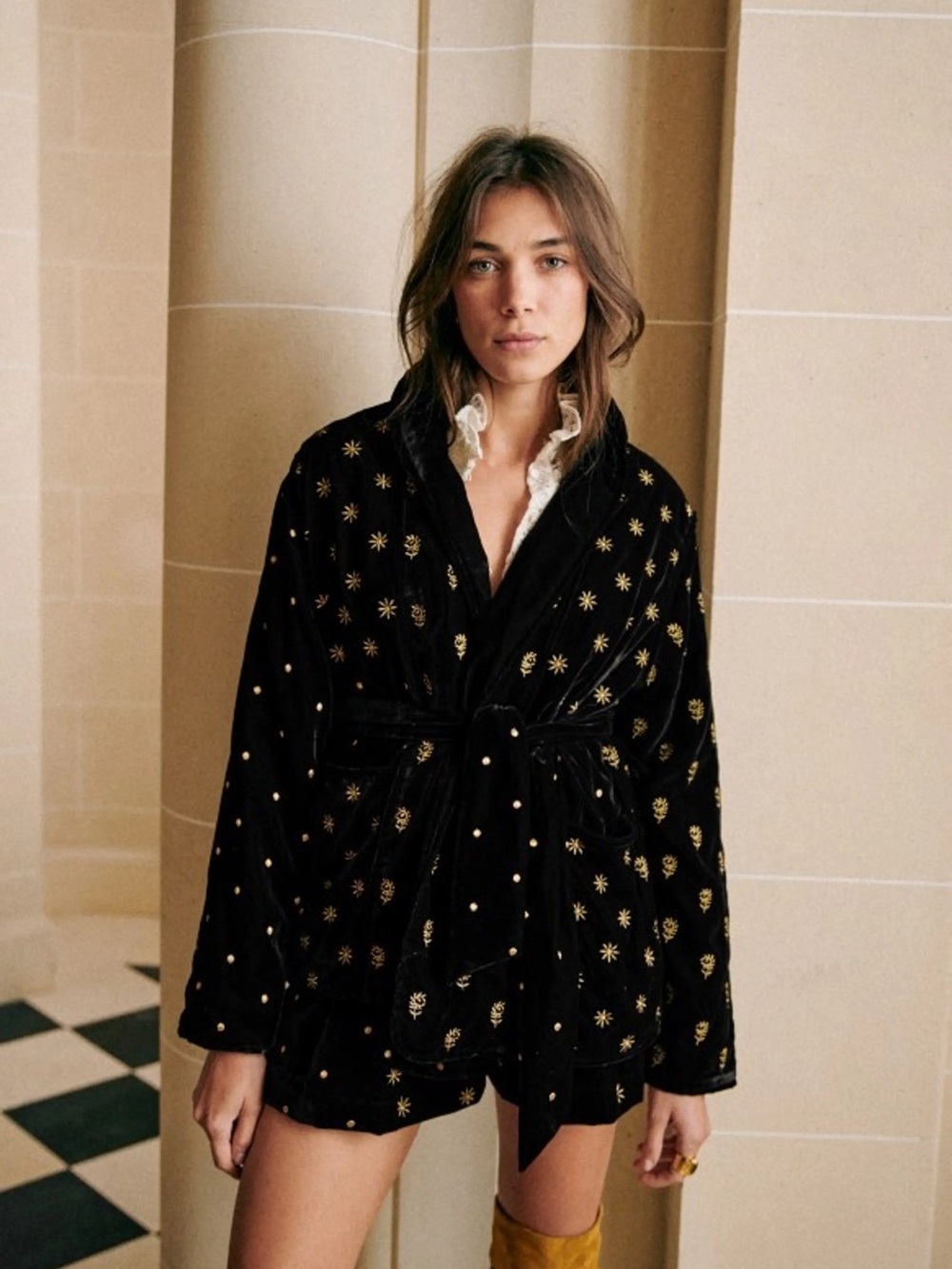 Sezane Odessa Jacket Black Velvet Gold Star Size 2 US 34 FR XS Blazer